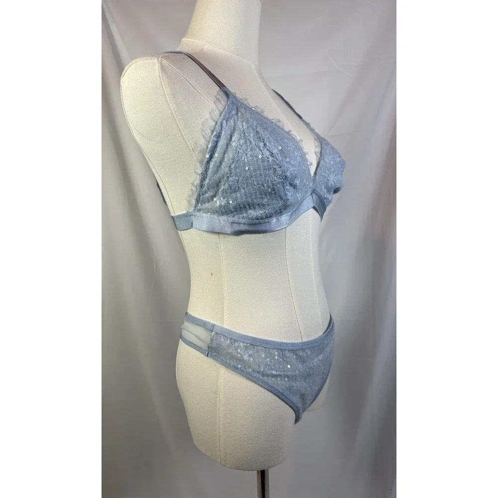 Wild Fable Women’s Size Large Bra And Panty Sequins Set Light Blue Super Cute
